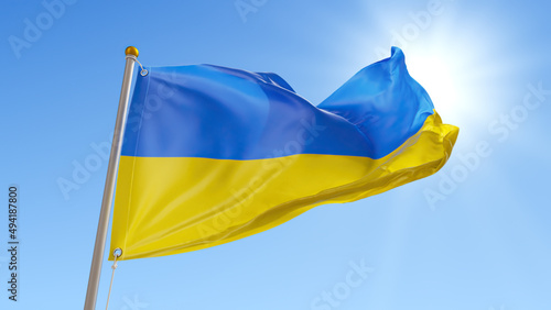 3d render, waving blue-yellow Ukrainian flag, clear blue sky abstract background