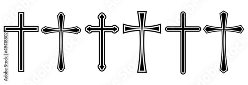 Cross symbol set.Vector christian cross line icon. Black and white religion cross sign.Simple catholic sign.