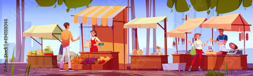 People buying natural products at outdoor farm market stalls. Vendors offer organic farmer production and vegetables to visitors at wooden fair booths with striped awnings, Cartoon vector illustration