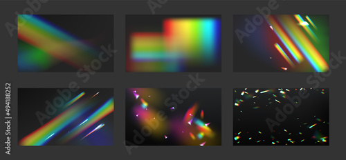 Rainbow crystal light beams, prism on black background. Collection of flare reflection, blurred lens refraction, glare, optical physics kaleidoscope fantasy effect, Realistic 3d vector illustration