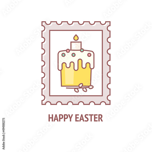 Vector linear illustration of a postage stamp with cake and willow isolated on white background. Easter concept. Editable stroke