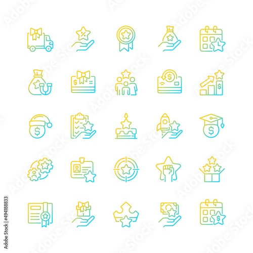 Bonuses gradient linear vector icons set. Special payment. Employee reward. Recognize customer loyalty. Compensation. Thin line contour symbol designs bundle. Isolated outline illustrations collection