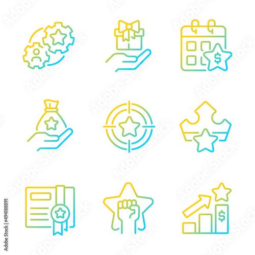 Incentive compensation gradient linear vector icons set. Raising employees motivation. Customer appreciation gifts. Thin line contour symbol designs bundle. Isolated outline illustrations collection