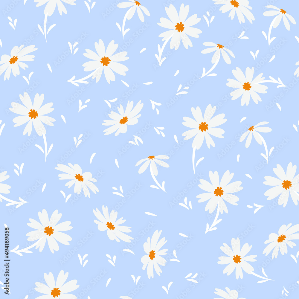 White doodle chamomile or daisy flowers isolated on blue background. Hand drawn floral seamless pattern vector illustration. Great for textile, paper, gift wrap and more.