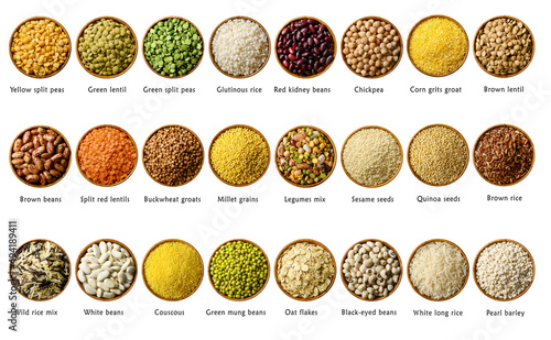 Big set of legumes and cereals in bowls with names isolated on white. Food background. Top view