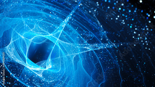 Blue glowing waves with particles in space template photo