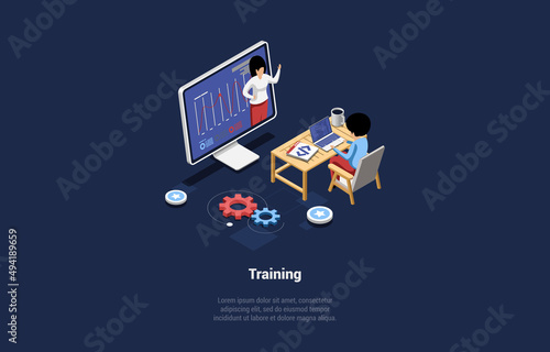 Concept Of Online Training And Remote Courses. Student Is Studying Online Sitting At Laptop At Home. Online Coach On The Screen Is Showing An Educational Materials. Isometric 3d Vector illustration