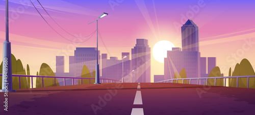 Overpass car road to city at sunset. Vector cartoon illustration of highway bridge with street lights, railings and summer cityscape with house buildings, skyscrapers, trees and sun at evening