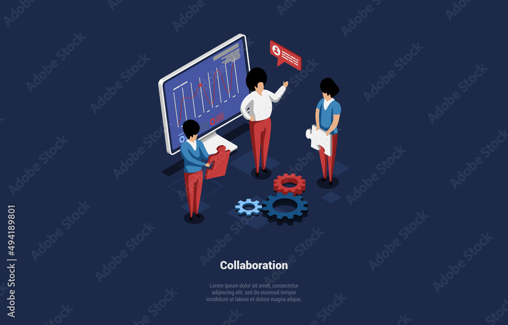 Concept Of Collaboration And Teamwork. Group Of Business People Discuss New Project Or Startup Details, Sharing Ideas and Technology For The Future With Team Leader. Isometric 3d Vector Illustration Concept Of Collaboration And Teamwork. Group Of Business People Discuss New Project Or Startup Details, Sharing Ideas and Technology For The Future With Team Leader. Isometric 3d Vector Illustration