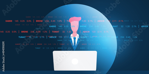 Business Man Behind a Laptop Computer Sitting in an Information Bubble - Vector Concept Design of Intellectual Isolation, Investment Decisions Based on One Sided Financial Data Sources, Misinformation