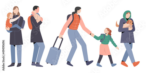 Female refugees with kids and pets, running away, carrying babies, pulling suitcases, fleeing from country, escaping war conflict, cartoon characters collection, vector illustrations isolated on white