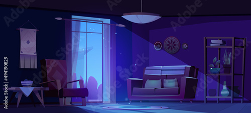 Living room with sofa and chair at night. Vector cartoon dark lounge interior in boho style with couch, armchair, wooden table, rack with plants, dreamcatcher on wall and moonlight from window