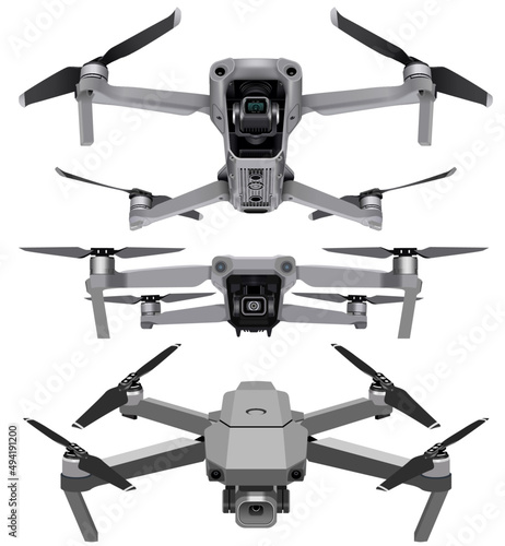 Drone vector graphics, editable drone vectors,  professional drones, drone templates - HD 4K cameras for aerial photography and video recording - editable drone illustrations for Adobe Illustrator