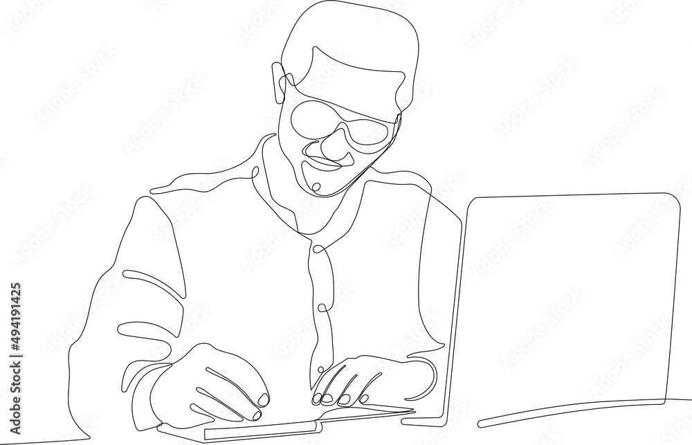 One continuous line is the concept. Vector illustration. Continuous line drawing of focused young man using laptop typing on keyboard writing email or message for your design minimal