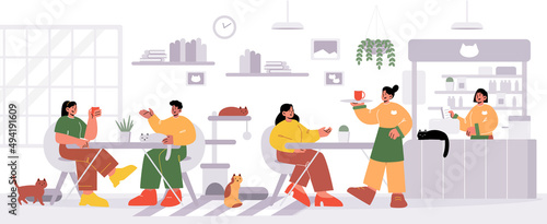 People visit cat cafe, male and female characters sitting at tables drinking beverages with kittens playing and relaxing around. Pets friendly hospitality, cozy place Line art vector illustration