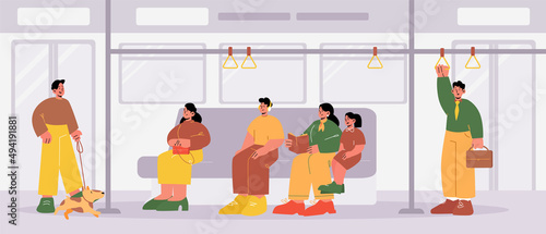 People at subway train car interior. Men, women and kids reading book, listen music, sit and stand with pets in metro wagon. Underground railway commuter with passengers, Line art vector illustration