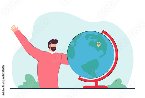 Teacher or worker next to globe with location pin. Cheerful man choosing destination flat vector illustration. Education, geography, traveling or vacation concept for banner or landing web page