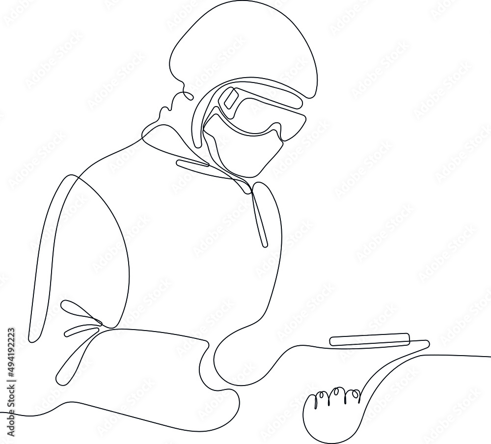 Continuous drawing of one line of doctor in specialized protective overalls and goggles. Fighting the epidemic, the consequences of the coronavirus for your minimal design. Vector illustration