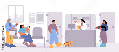 People visit vet clinic, pet owners with animals waiting in veterinary clinic queue sit on chairs in hospital interior with diseased dogs, cats and rabbit near counter, Line art vector illustration