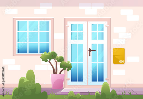 House facade front view, home cottage building exterior of brick wall with plastic window, door, mailbox and potted plant at doorstep, tiled path and green lawn at yard, Line art vector illustration
