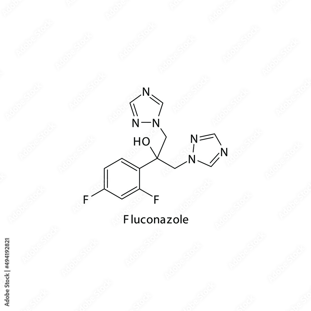 Fluconazole molecular structure, flat skeletal chemical formula. Azole antifungal drug used to treat Fungal body and skin infections . Vector illustration. Fluconazole molecular structure, flat skeletal chemical formula. Azole antifungal drug used to treat Fungal body and skin infections . Vector illustration.