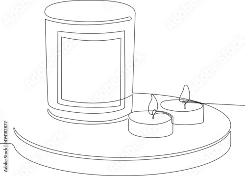 Continuous line drawing of candle in human hand, scented candles in spa salon. Vector illustration