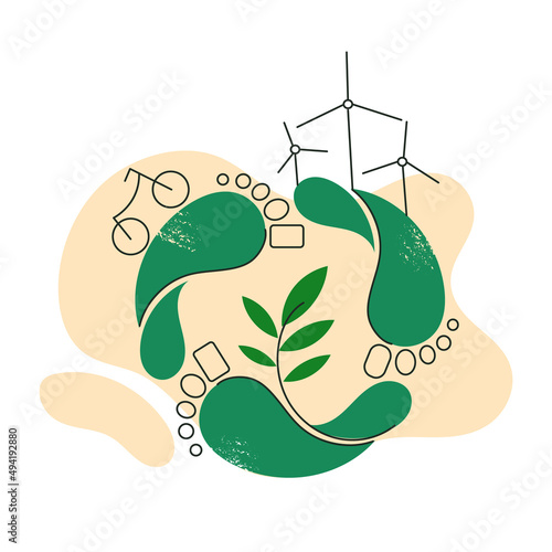 Carbon footprint effect as nature co2 gas emission problem and sustainable ecology balance concept. Green foot step and recycle symbol. Eco friendly transport or energy linear flat vector illustration