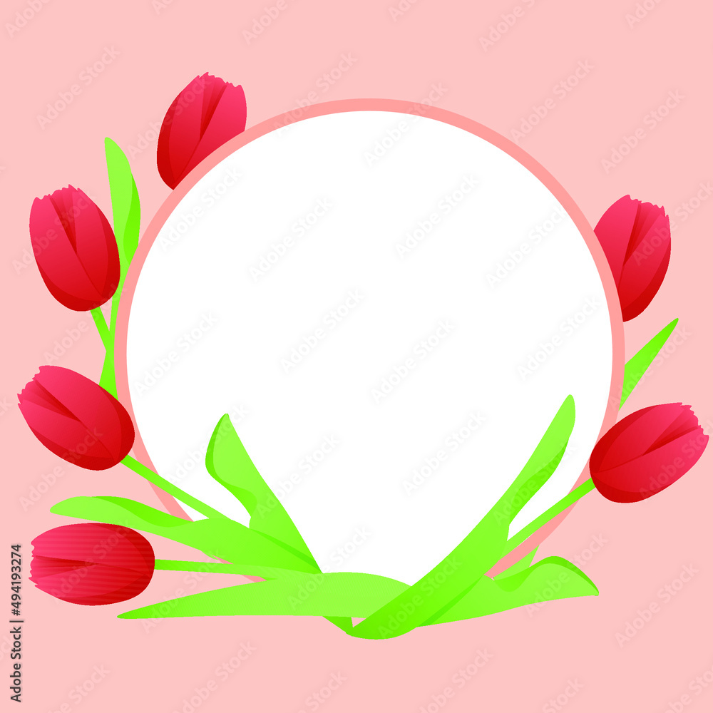 Light red background with red tulips and a circle in the middle