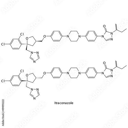 Itraconazole molecular structure, flat skeletal chemical formula. Azole antifungal drug used to treat Fungal body and skin infections . Vector illustration. photo