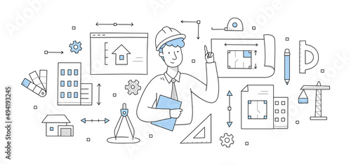 Architect worker holding blueprint, engineering and architecture job occupation doodle concept. Professional engineer wear helmet with work tools compass, pencil, crane, Line art vector illustration