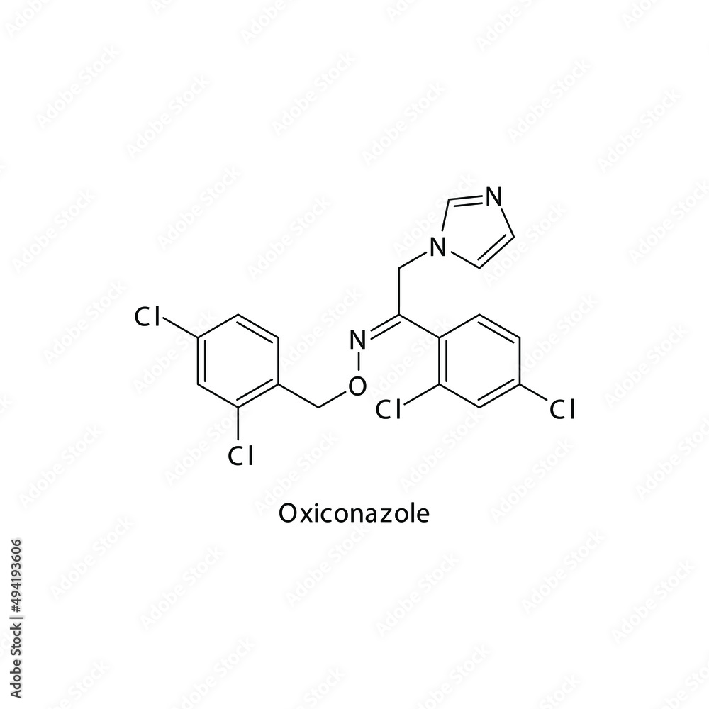Oxiconazole molecular structure, flat skeletal chemical formula. Azole antifungal drug used to treat Fungal body and skin infections . Vector illustration. Oxiconazole molecular structure, flat skeletal chemical formula. Azole antifungal drug used to treat Fungal body and skin infections . Vector illustration.
