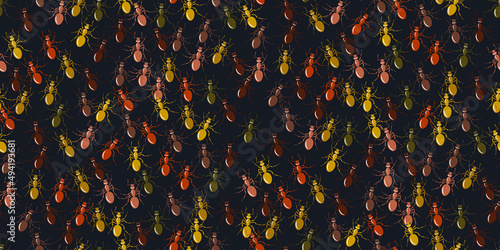 Colony ants. Seamless pattern colorful insects ant on black. Workers ants marching, teamwork. Insects in flat style for bedding prints, phone cases, wrapping paper, fabric, wallpaper, wall art. Vector
