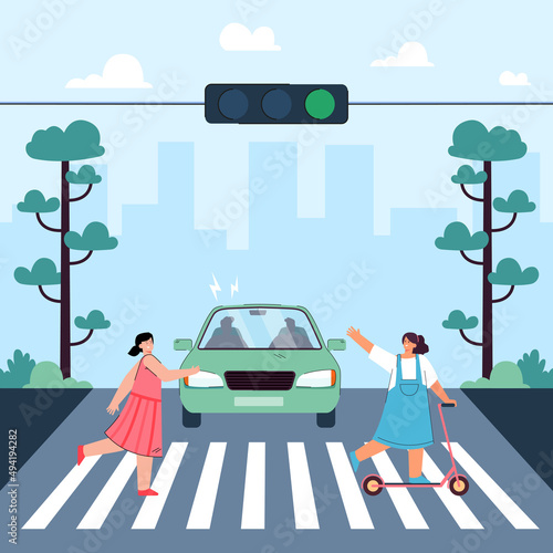 Little cartoon girls crossing street in front of moving car. Driver beeping at children on road flat vector illustration. Danger, traffic, safety concept for banner, website design or landing web page
