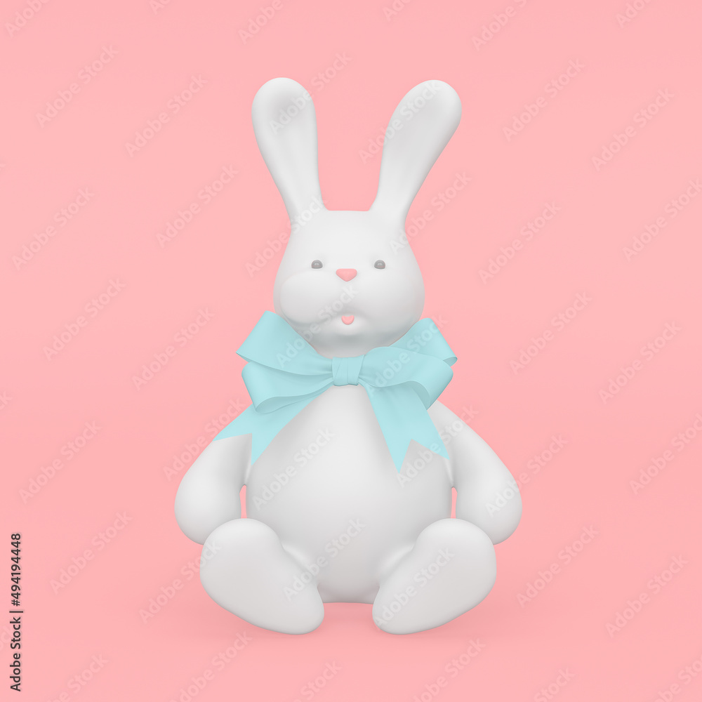 Obraz premium 3d rendering illustration of big cute white rabbit with a bow on the neck. Modern trendy design.