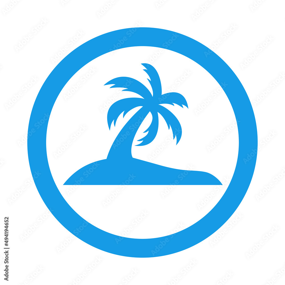 Beach holidays. Destino de vacaciones. Icono plano silueta de isla con palmera en círculo color azul
