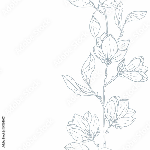 Vector Beautiful Delicate Magnolia Florals Lineart Border seamless pattern background. Perfect for fabric  scrapbooking and wallpaper projects.