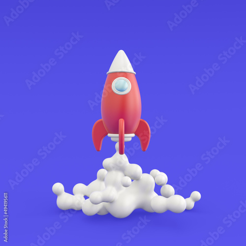 3d rendering illustration icon of flying rocket. Business startup concept. Modern trendy design. Blue and red colors. 