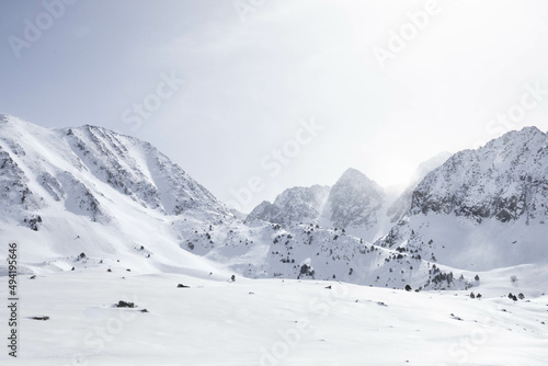 Pyrenees mountains in Andorra, Pas de la casa, snowed windy and cloudy