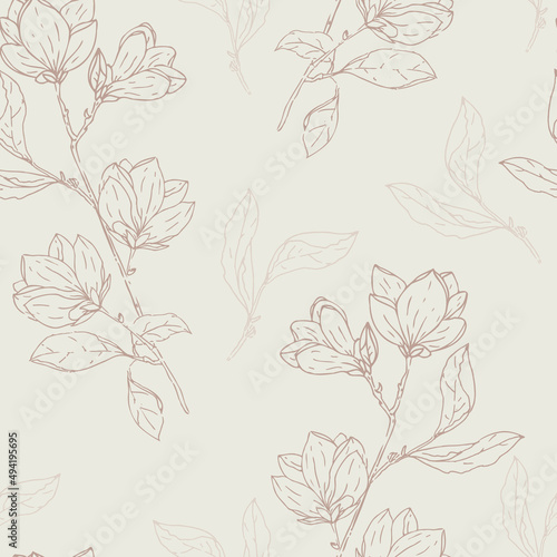 Fototapeta Naklejka Na Ścianę i Meble -  Vector Beautiful Delicate Magnolia Floral Branches in Warm Shades seamless pattern background. Perfect for fabric, scrapbooking and wallpaper projects.