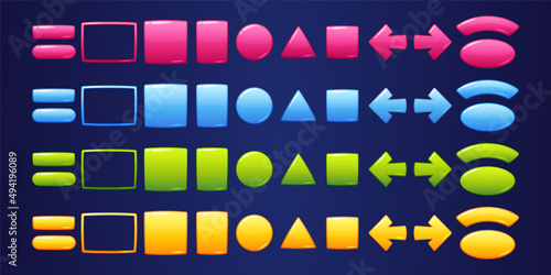Glossy geometric buttons and frames for game or web user interface design. Vector cartoon set of ui elements different shapes, pink, yellow, blue and green buttons and empty borders