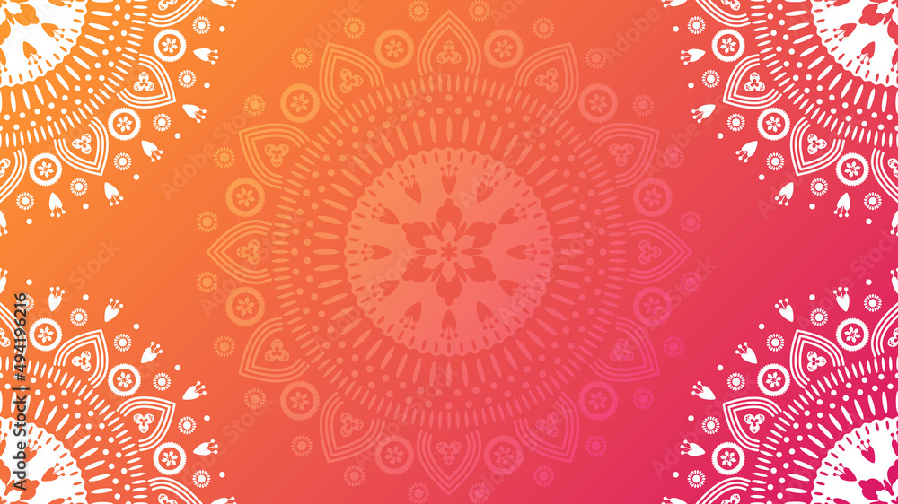 Floral mandala ornament background. Orange to pink gradient vector illustration