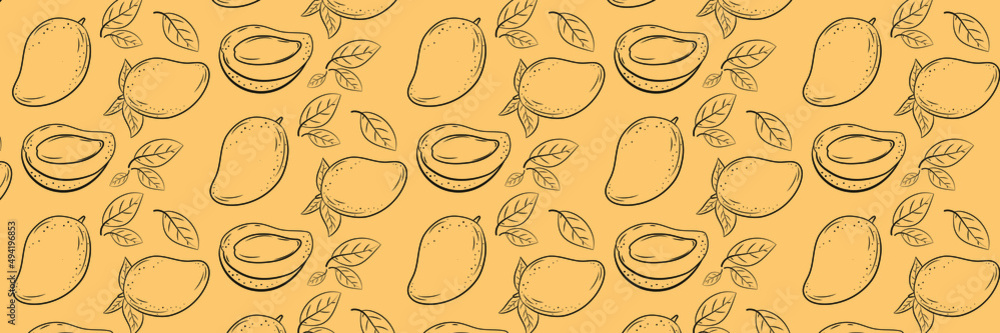 Beautiful background with mango and leaves.  Hand-drawn vector illustration of fruits.                              
 Vintage citrus design. For posters, prints, wallpapers.