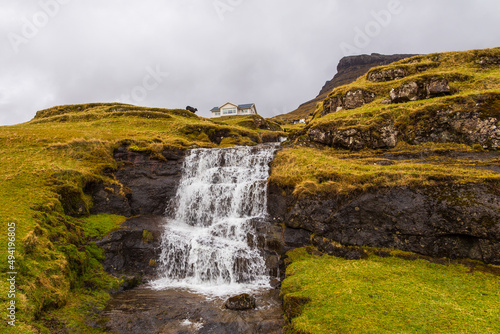 Building situated on the top of the mountain  Leynar  Faroe Islands.