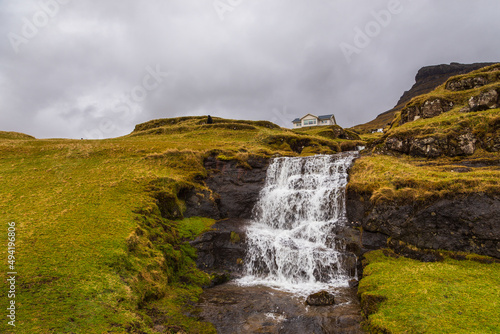 Building situated on the top of the mountain  Leynar  Faroe Islands.