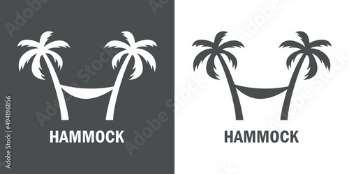 Beach holidays. Destino de vacaciones. Logotipo con texto Hammock con silueta con 2 palmeras con hamaca en fondo gris y fondo blanco
