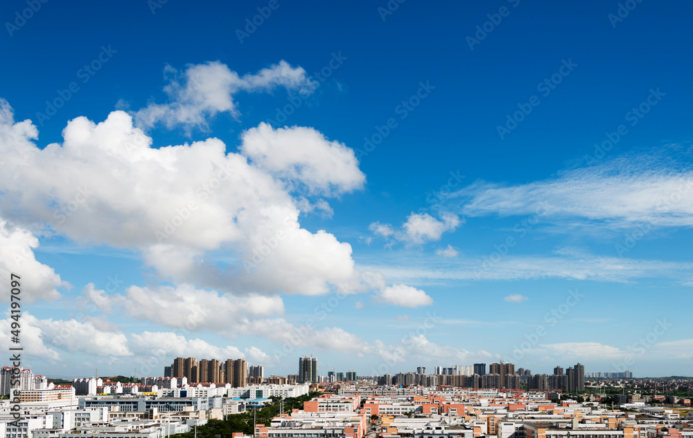 Chinese small city under high blue sky