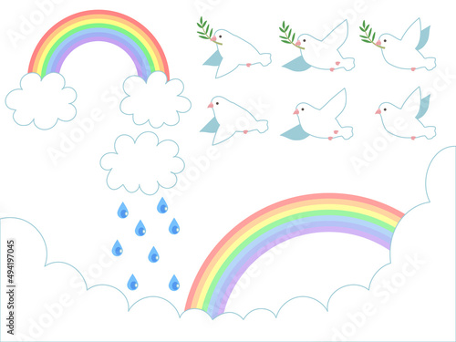 虹とハトのイラストセット