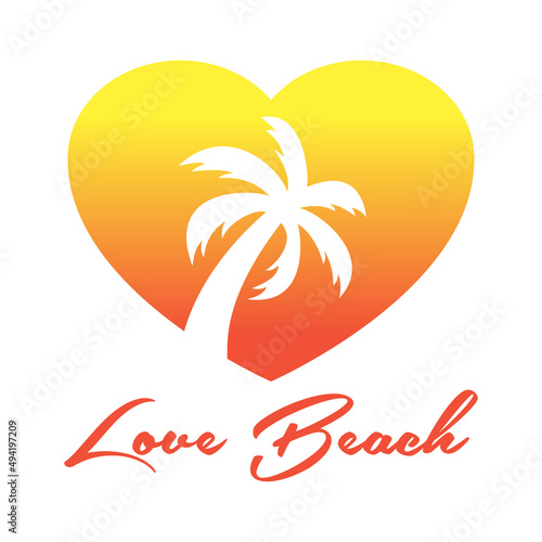 Beach holidays. Destino de vacaciones. Banner con texto manuscrito Love Beach con silueta de palmera en corazón en espacio negativo en color naranja