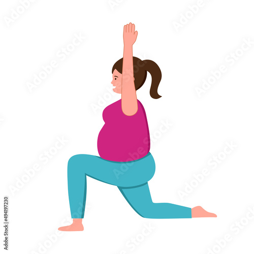 Fat woman doing yoga exercise for weight loss in flat design on white background.