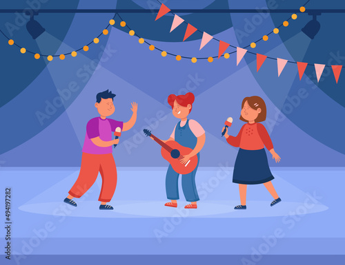 Children performing on stage during school talent show. Girl playing guitar, theater kids singing flat vector illustration. Music, childhood, performance concept for banner or landing web page
